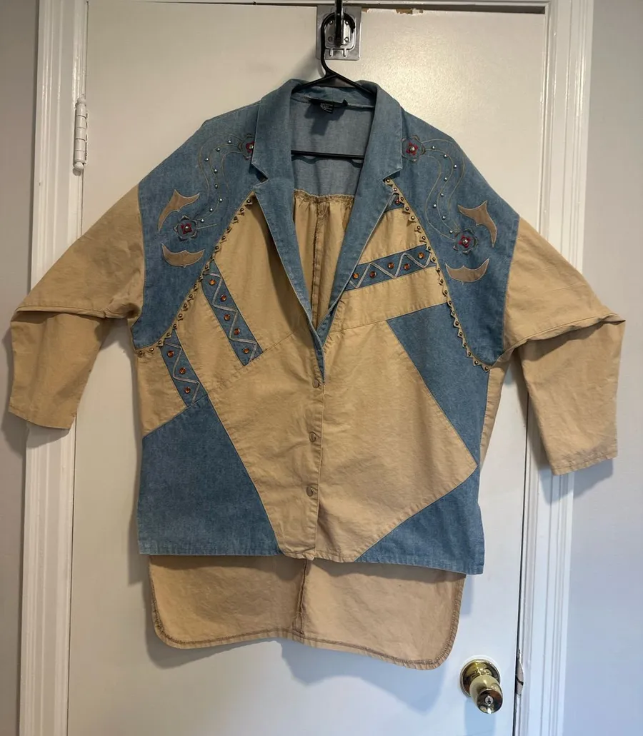 VTG 80s patchwork Suzelle Sz6 roper rodeo Western shacket denim beaded faux gem. Blue Size 6
