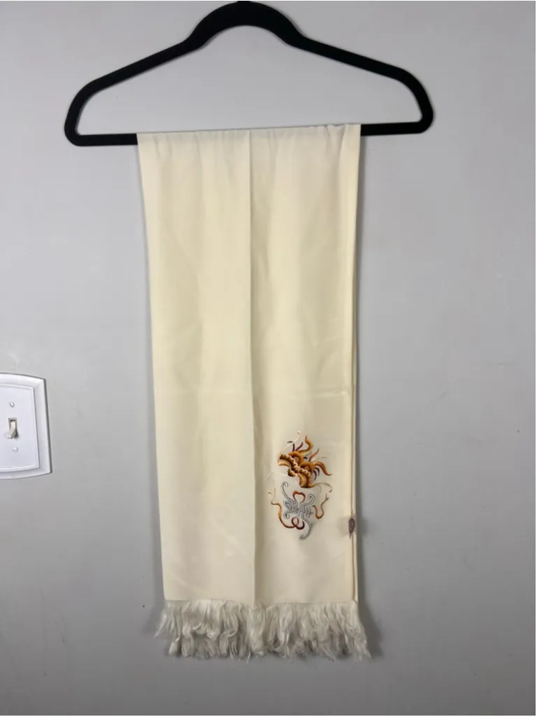 Vintage Chinese Embroidered Silk Fringe Scarf Wall Hanging Cream 48” Gold