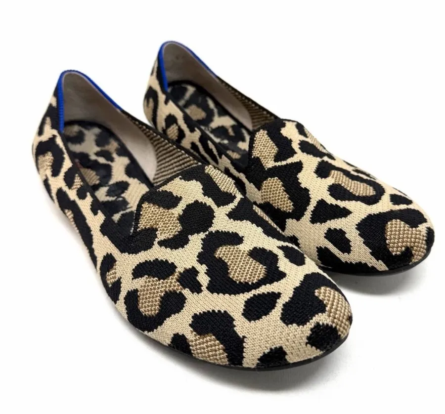 Rothy’s The Almond Toe Loafer Retired Desert Cat Leopard Print Knit Flats 5.5 Black
