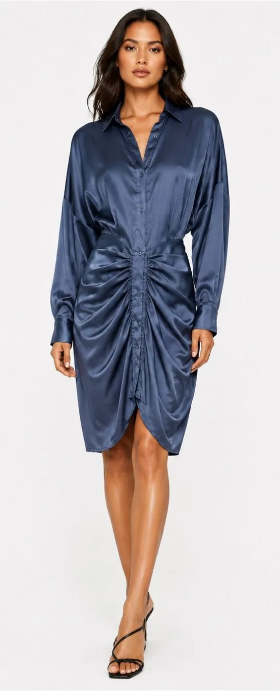 DO+BE Slate Blue Satin Ruched Dolman Sleeve Shirt Dress Size Large NWOT