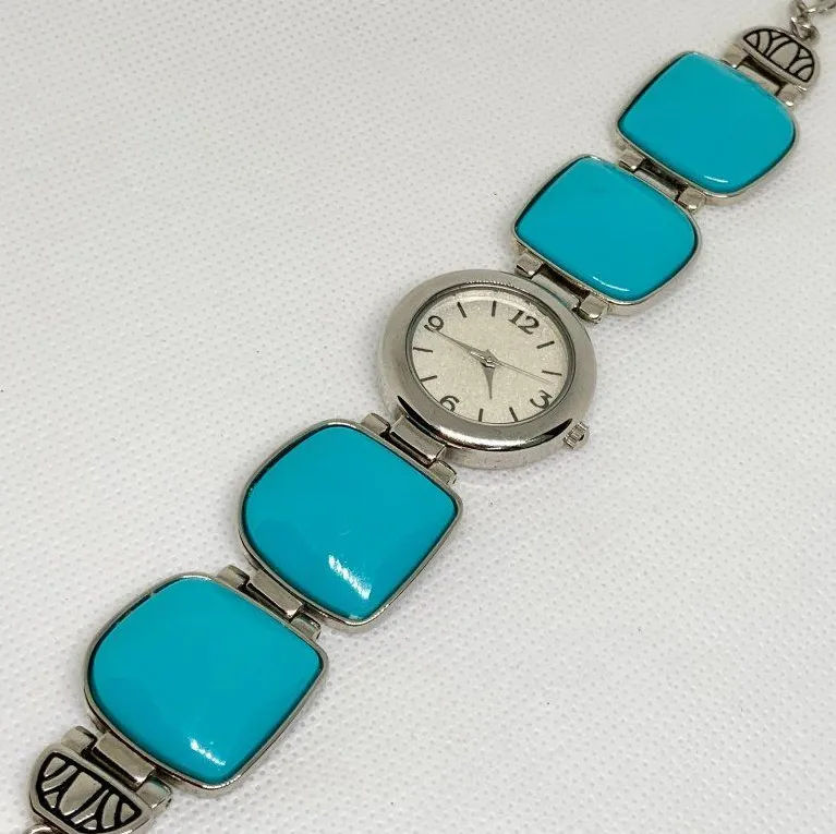 FMD Women’s quartz analog watch 28mm silver tone Turquoise band quartz running