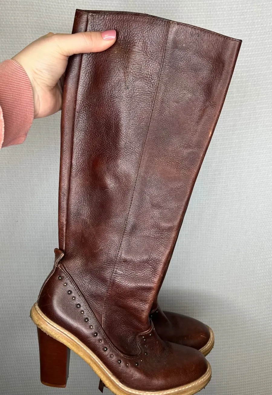 Schuler & Sons Brown Leather Studded Tall Boots Block Heel Mahogany Womens Size 8.5