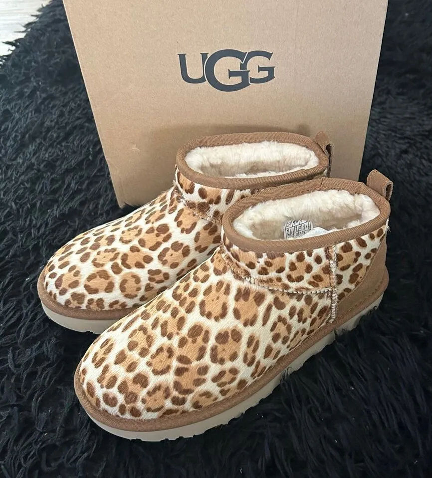UGG ultra mini animal print leather fur ankle boots booties shoes women’s 7 new