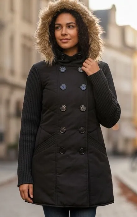 Black Puffer Coat Women’s Medium Faux Fur Hood Button Front