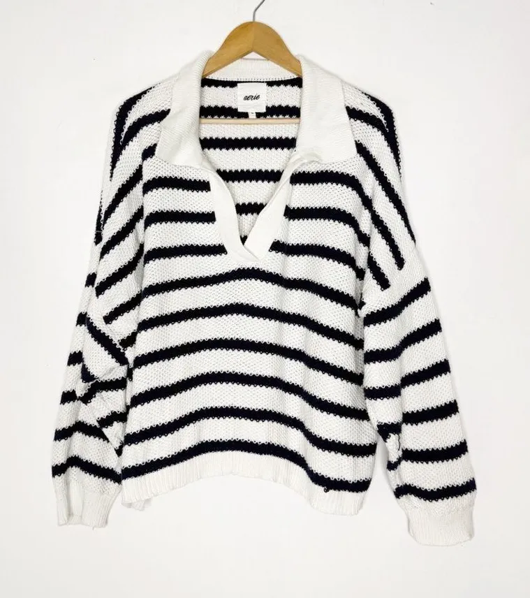 Aerie Ivy Polo Sweater XL Navy White Striped Cotton Knit Oversized