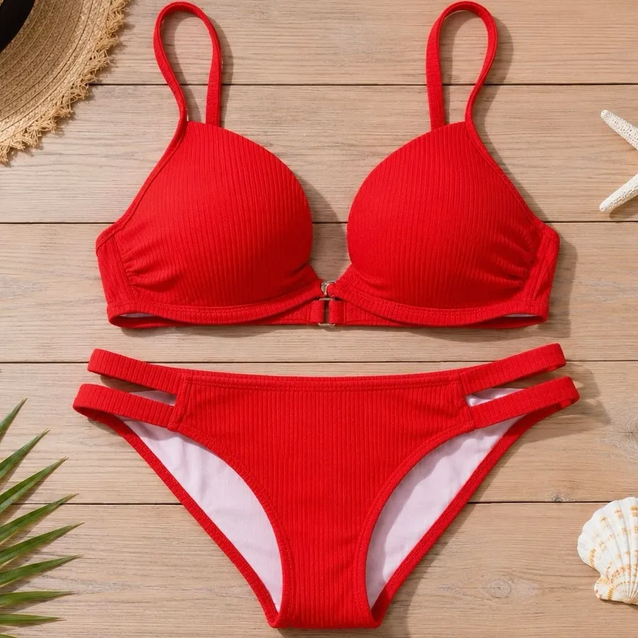 Shade & shore Red Ribbed Cutout Bikini Swimsuit Women’s Medium 32B