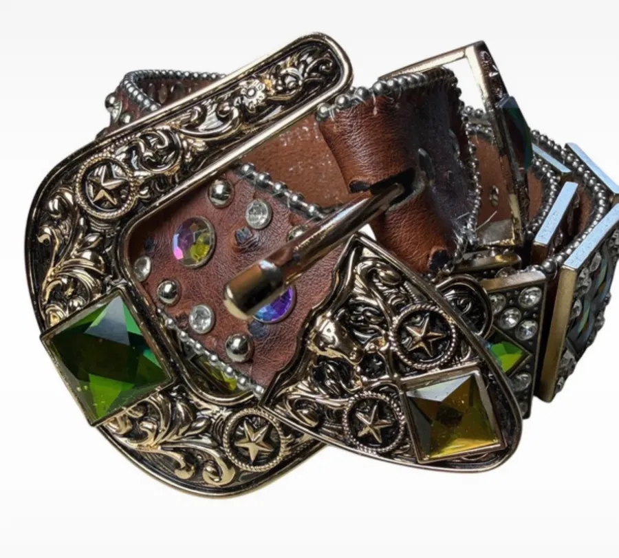 West Star Texas Brown Leather Rhinestone Belt Chameleon Crystals Y2K Cowboy Core 41 inches Size 37