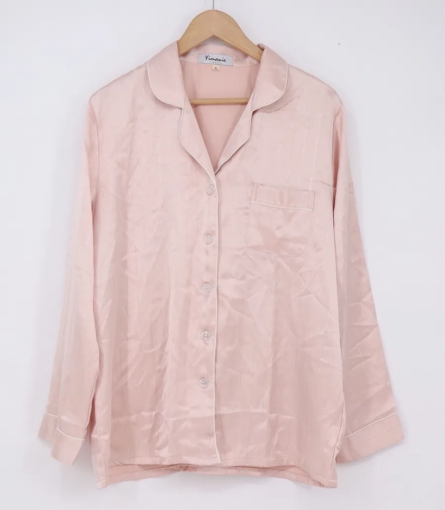 Yimanie Pajama Set Women XL Pinstripe Pink Metallic Button