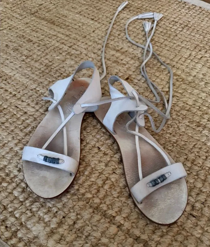 Free People White Leather Lace Up Sandals Beaded Straps EU 39