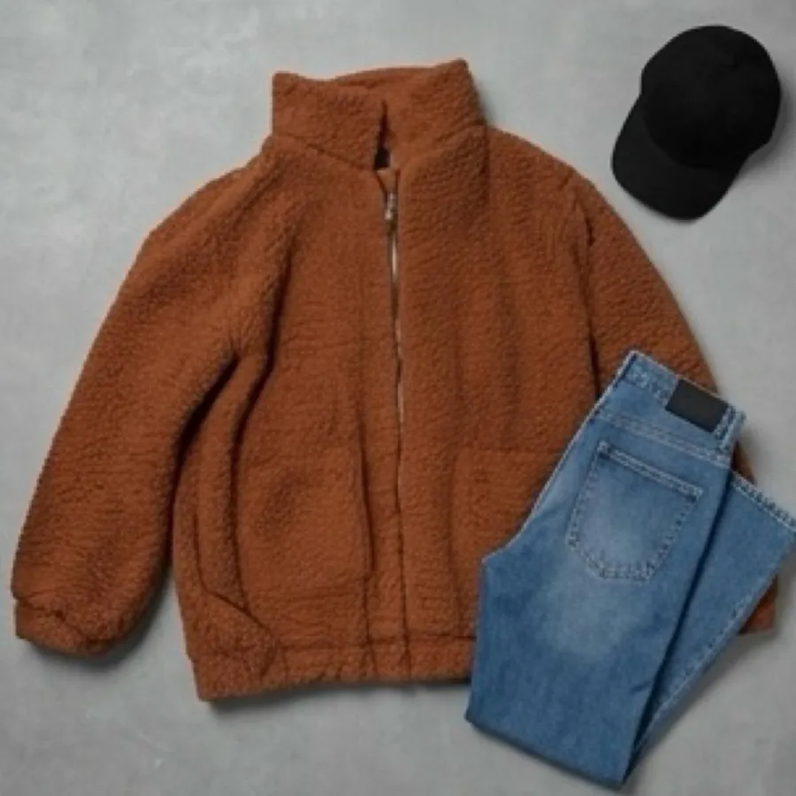 Brown Teddy Sherpa Fleece Zip Jacket Oversized Y2K Gorpcore S