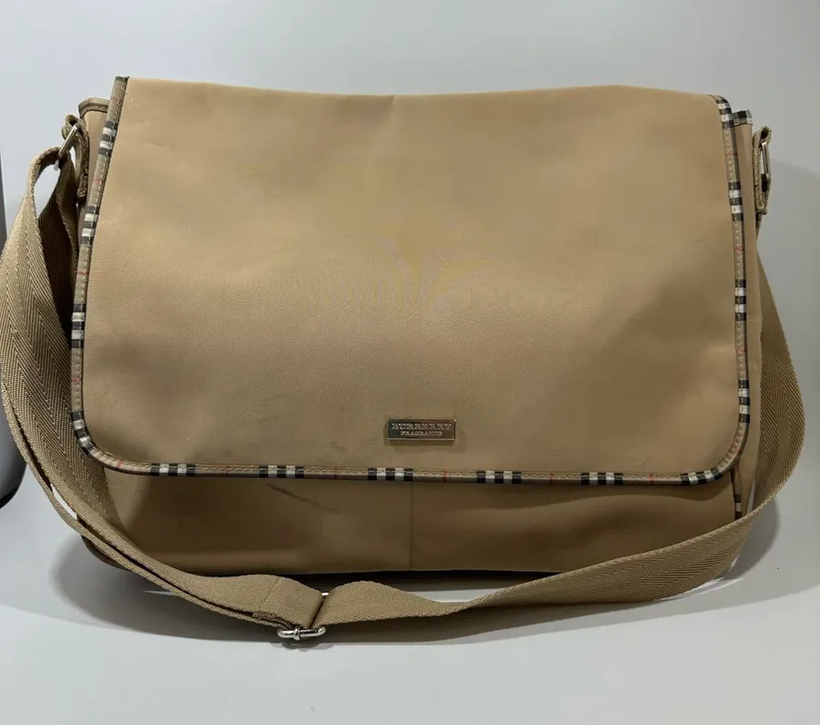 Burberry Fragrance Messenger Bag Tan Beige Plaid Trim Crossbody Adjustable