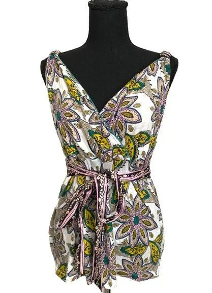 Anthropologie C. Keer bohemian wrap style paisley white tie tank top tunic