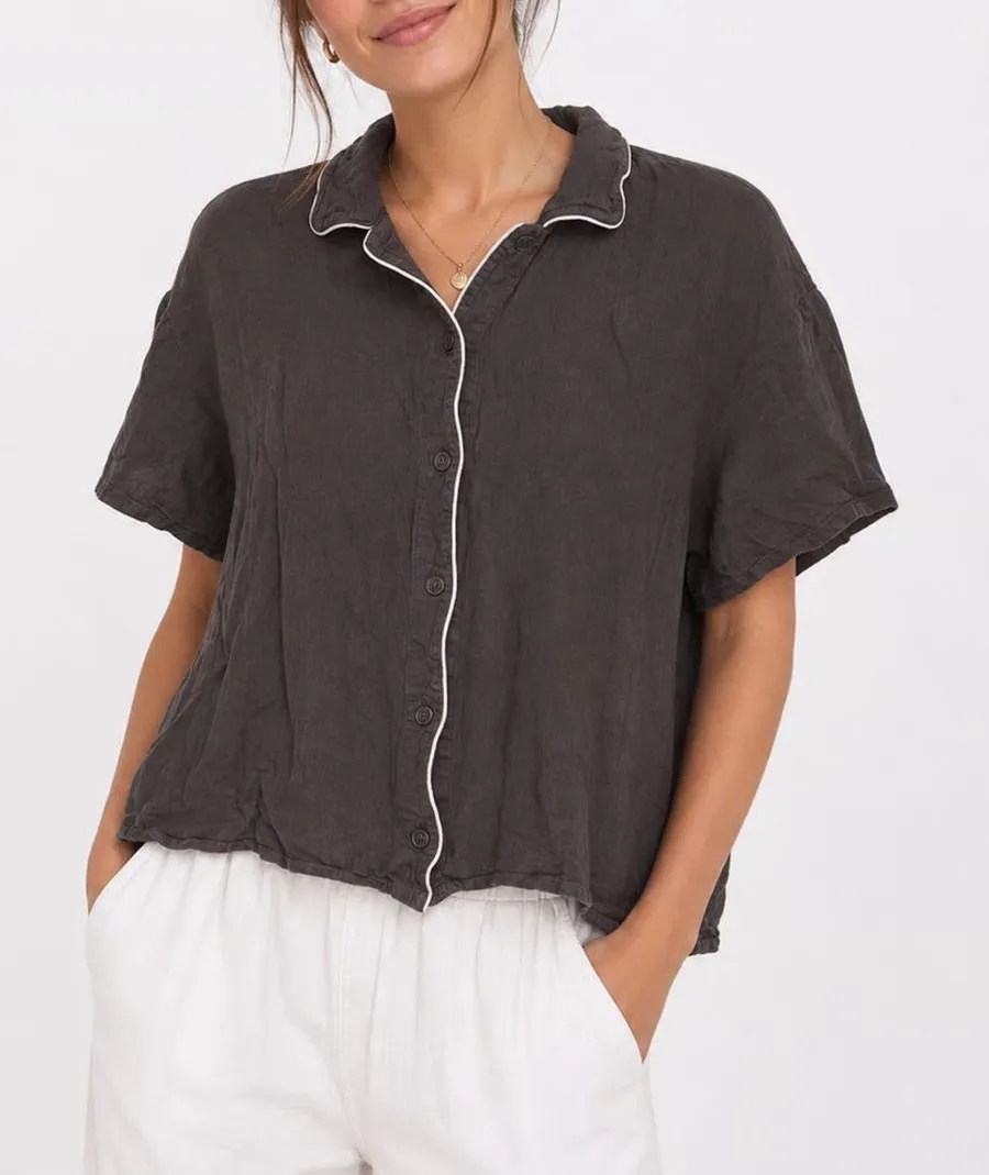 Uniqlo Womens Pajama Top Short Sleeve Button Down Rayon Grey Brown M