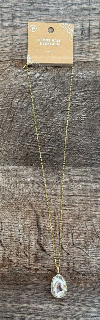 NEW Earthbound Geode Half Necklace Agate Crystal Long Length Gold Chain