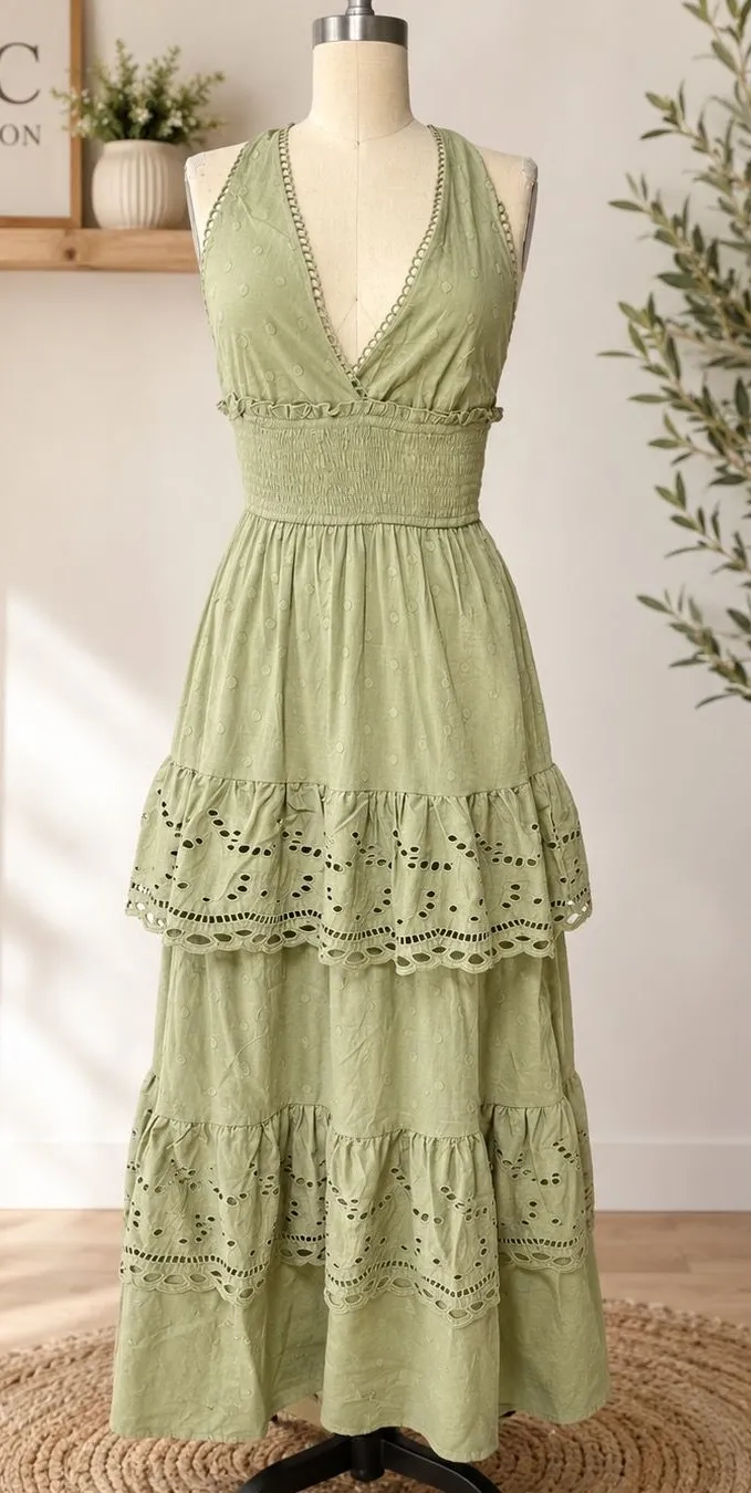 100% cotton Boho Sage Green Eyelet Tiered Halter Maxi Dress Size L