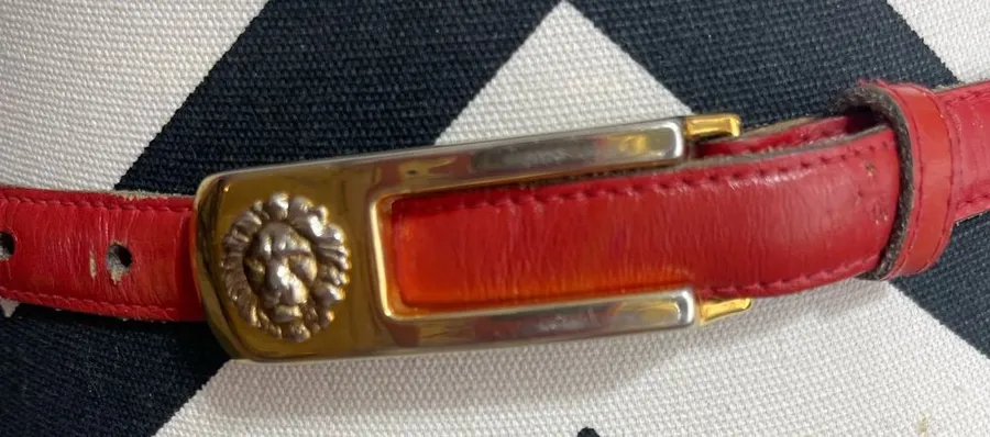 Vintage Anne Klein Red Leather Belt Women S Gold Tone Lion Head Logo Buckle