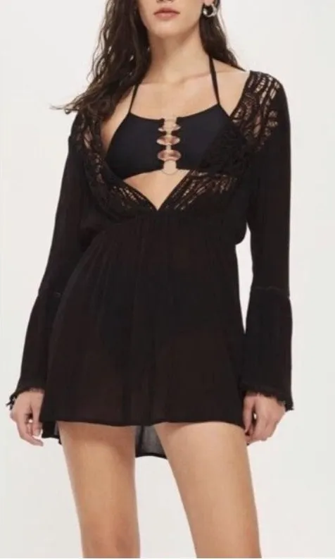 Topshop Black Crochet Lace Up Back Bell Sleeve Beach Cover Up Dress US 6