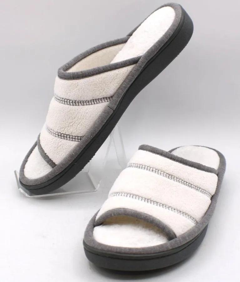 Isotoner Womens Open-Toe Memory Foam Slippers Non-Slip Sole Size 7-8 White Gray
