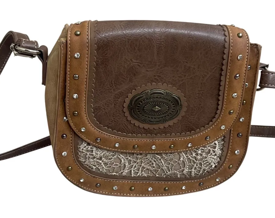 Justin Western Crossbody Bag Brown Faux Leather Rhinestone Studded Lace Concho