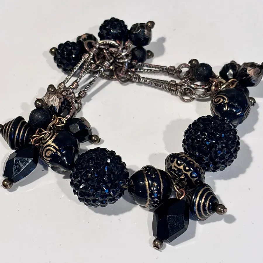 Chico's Black Beaded Charm Toggle Bracelet Silver-Tone Chain Crystal Accents