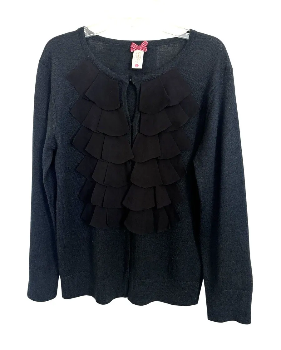 Black Ruffle Front Wool Blend Cardigan Sweater L Whimsigoth Preppy Y2K Layering