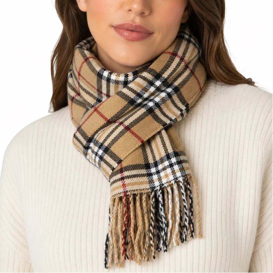 V.FRAAS Beige Plaid Fringe Scarf 65” x 12” Classic Preppy Tartan