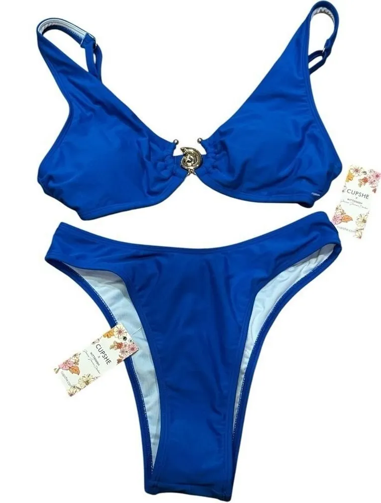Cupshe x Kittenish Royal Blue / Gold Shell Detail 2 Piece Bikini Small / XS NWT