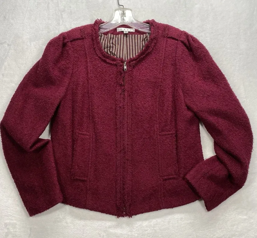 Cabi Smart Jacket Womens 12 Red Merlot Boucle Full Zip tweed wool blend stripe