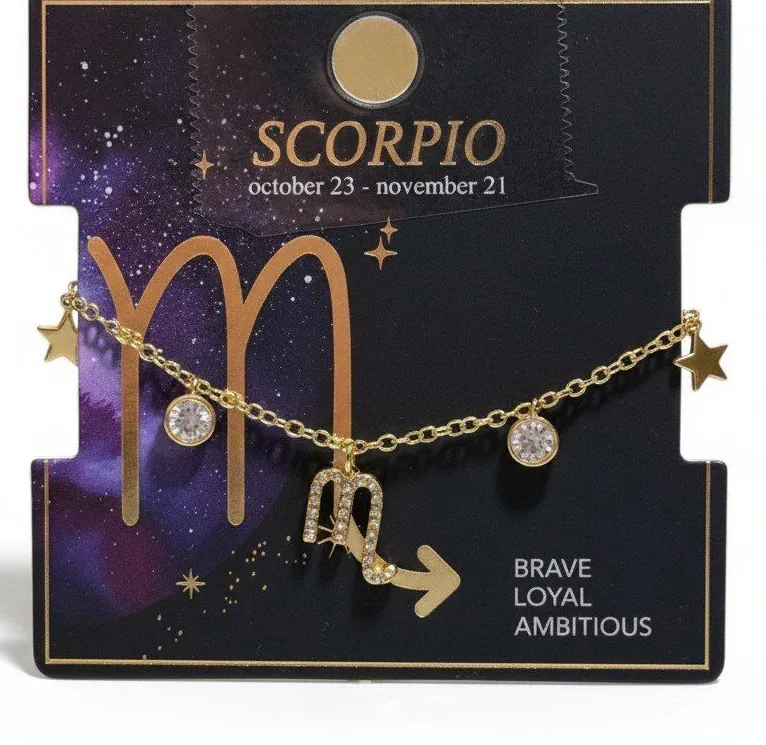 Scorpio Zodiac Rhinestone Pendant Necklace Gold Tone Adjustable Celestial Star