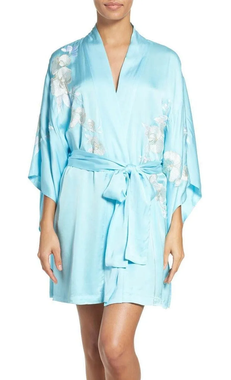 NWT $350 New Designer Natori Orchid Flower Embroidered Womens Wrap Robe S Blue