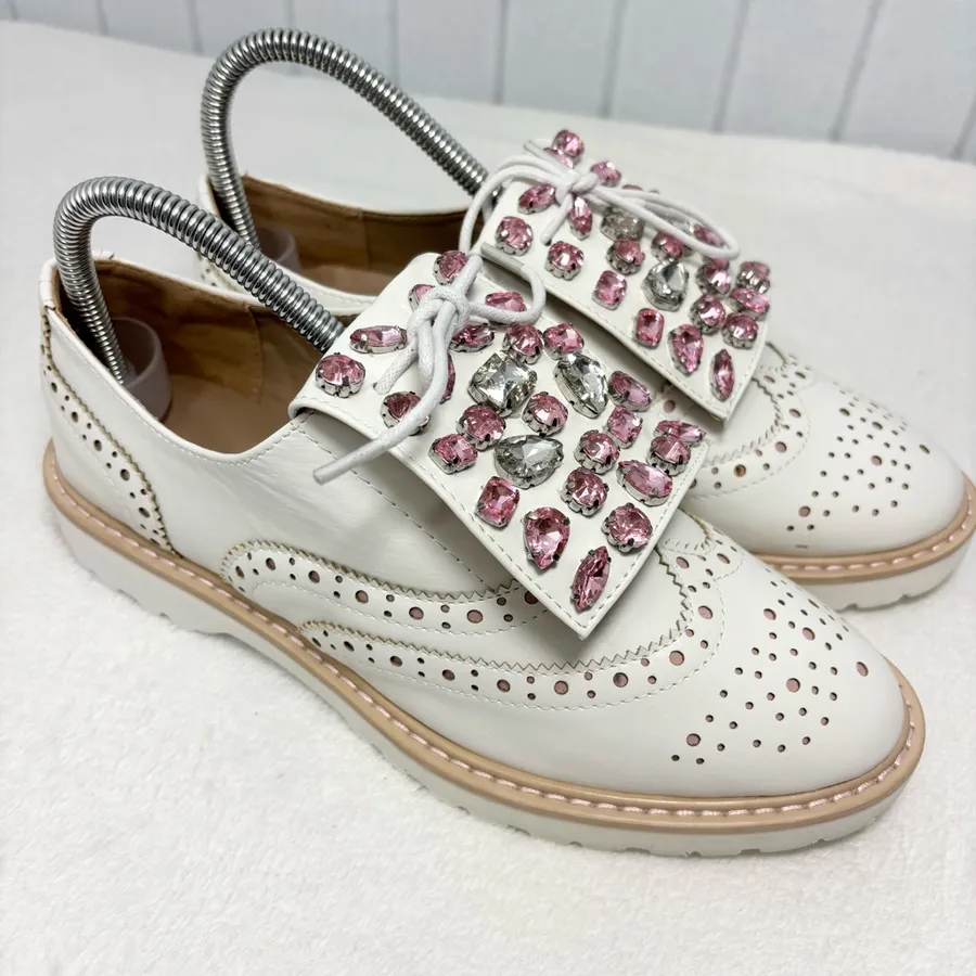 Catisa Cream Leather Brogue Oxfords Pink & Silver Rhinestone Kiltie Loafers White Size 7.5