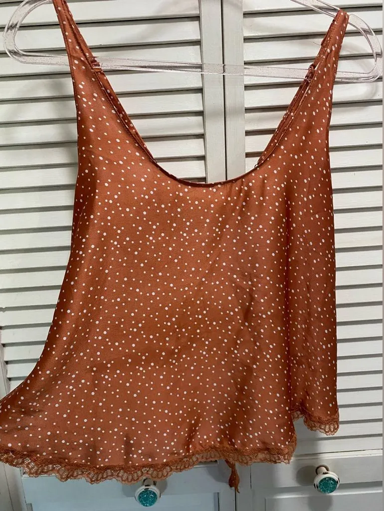 POL Burnt Orange White Polka dot Cami Open Tie Back Lace Trim Size M