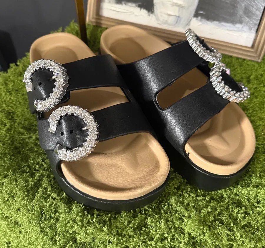 Black Slide Sandals with Crystal Buckle Accents Size 8.5
