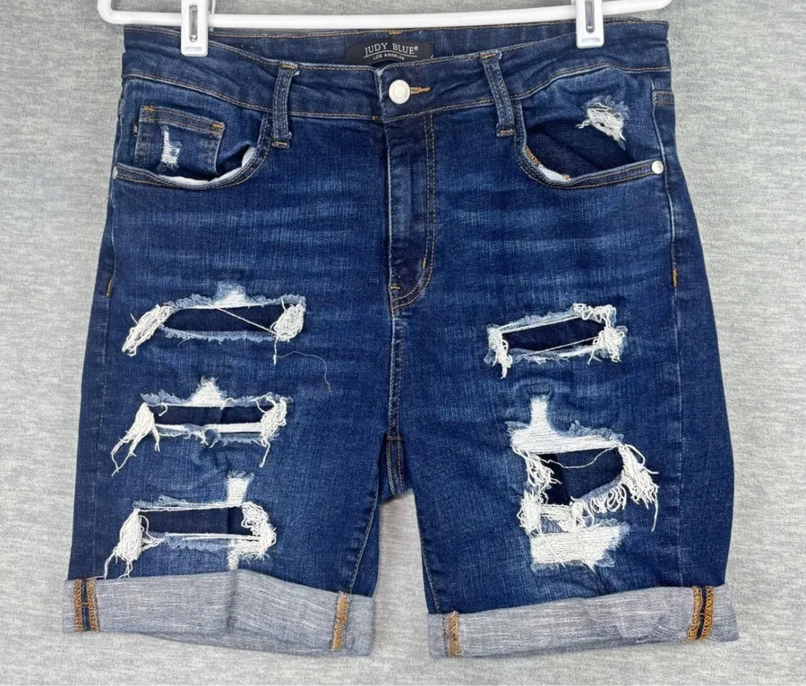 Judy Blue Distressed Denim Shorts Dark Wash Cuffed Bermuda XL