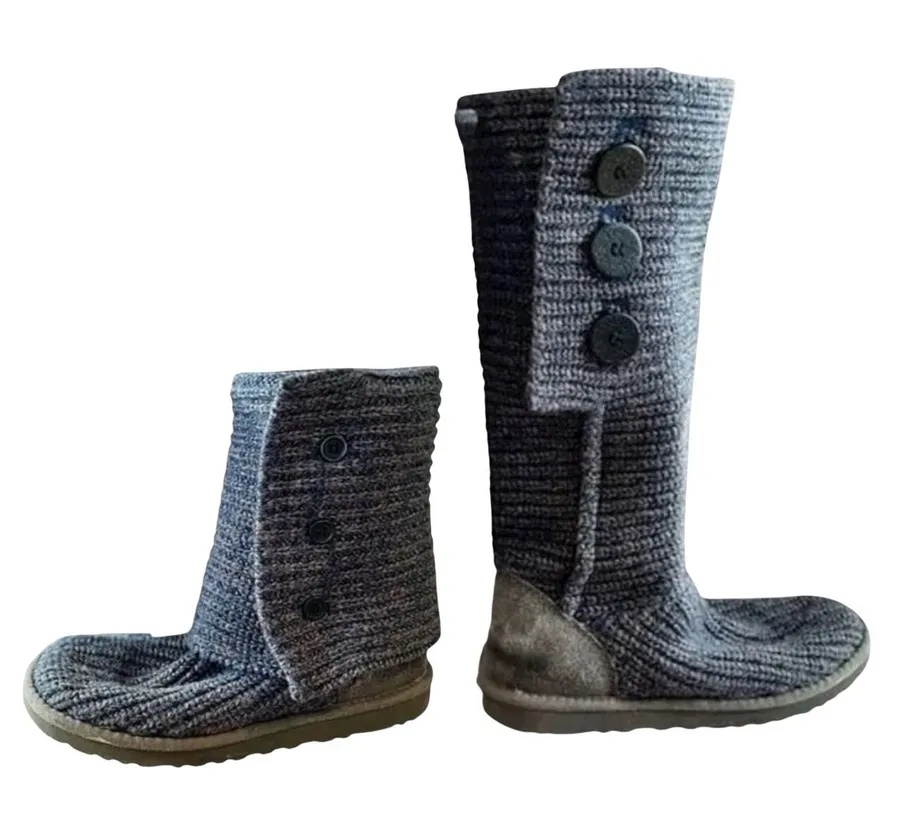 UGG Australia Cardy III Knit Button Foldable Blue Boot 7 Lamb Fleece Shearling