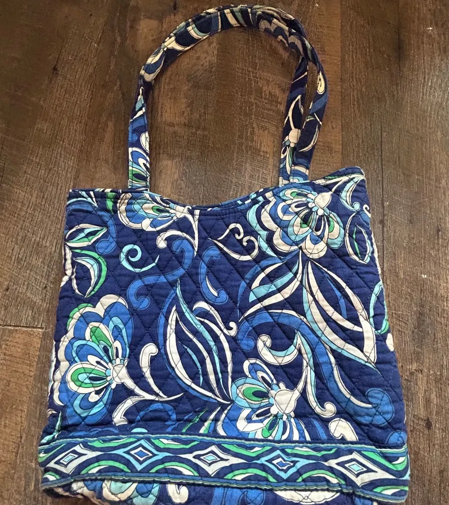 Vera Bradley Mediterranean Floral Quilted Cotton Tote Shoulder Bag Blue Green