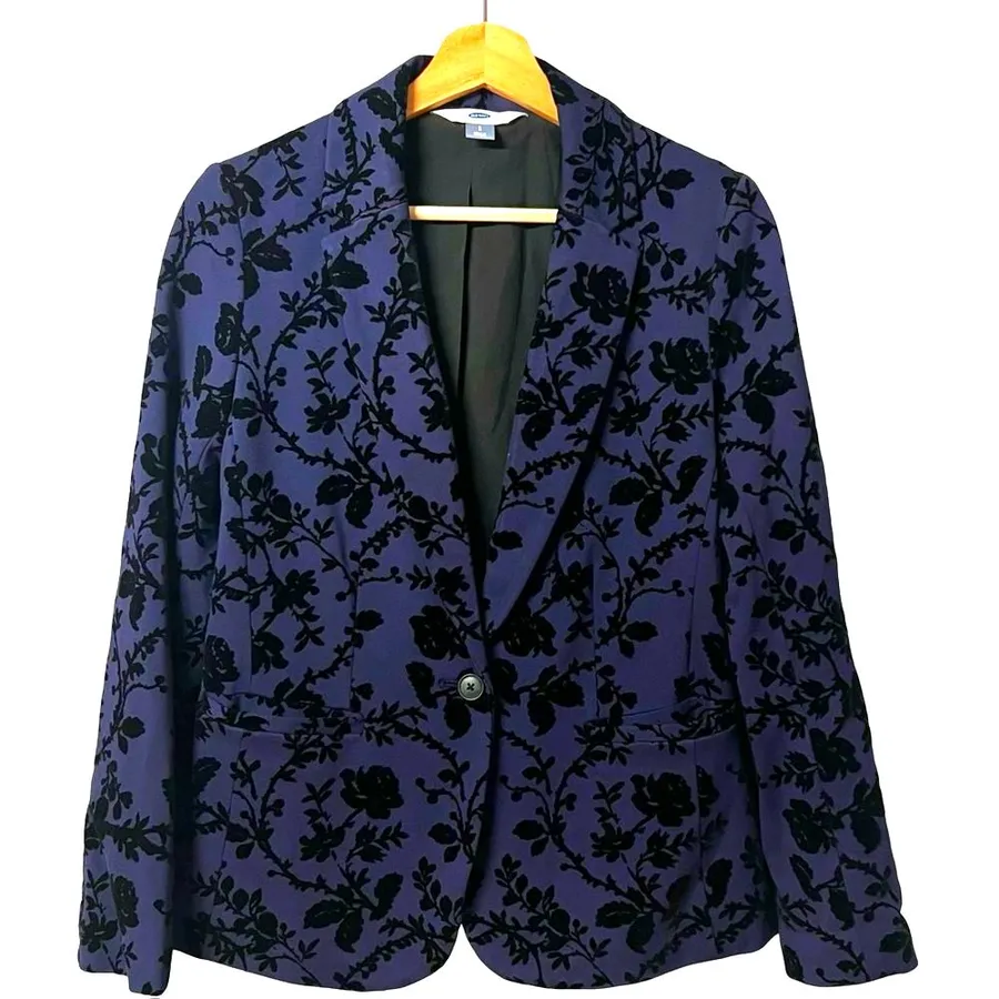 Old Navy Womens Navy Floral Velvet Flocked Blazer Sz S Dark Academia Whimsigoth
