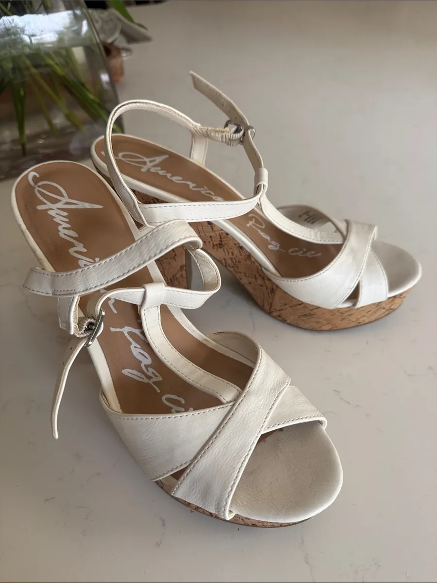 American Rag White Cork Wedge Sandals – Strappy Women's Heels size 8.5