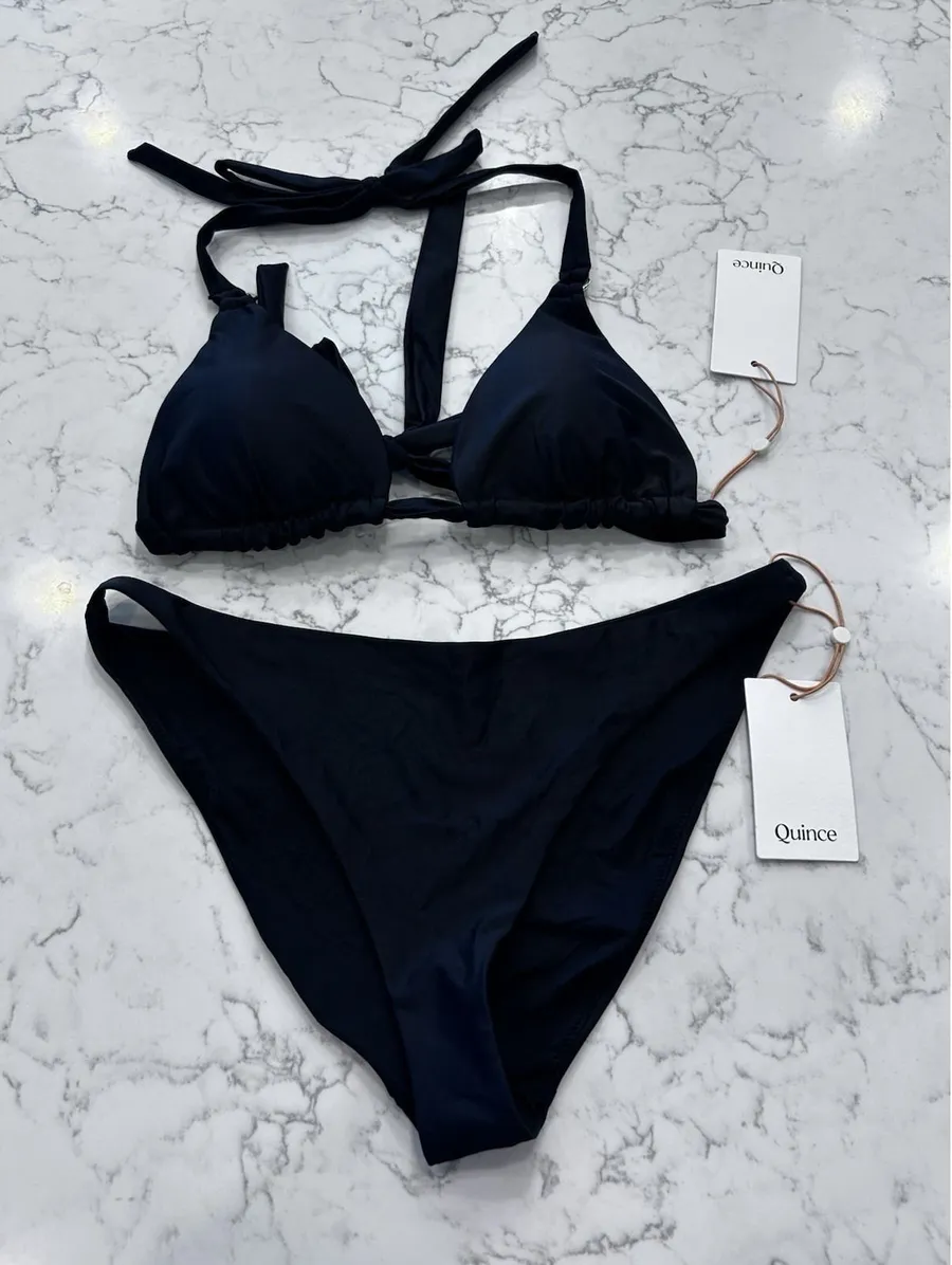 NWT Quince Black Italian Full Coverage Ring Triangle Bikini Top Low Rise Bottom