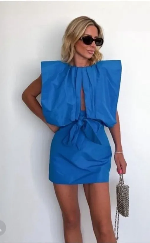 Zara Electric Blue Pleated Cape Tie-Front Mini Dress