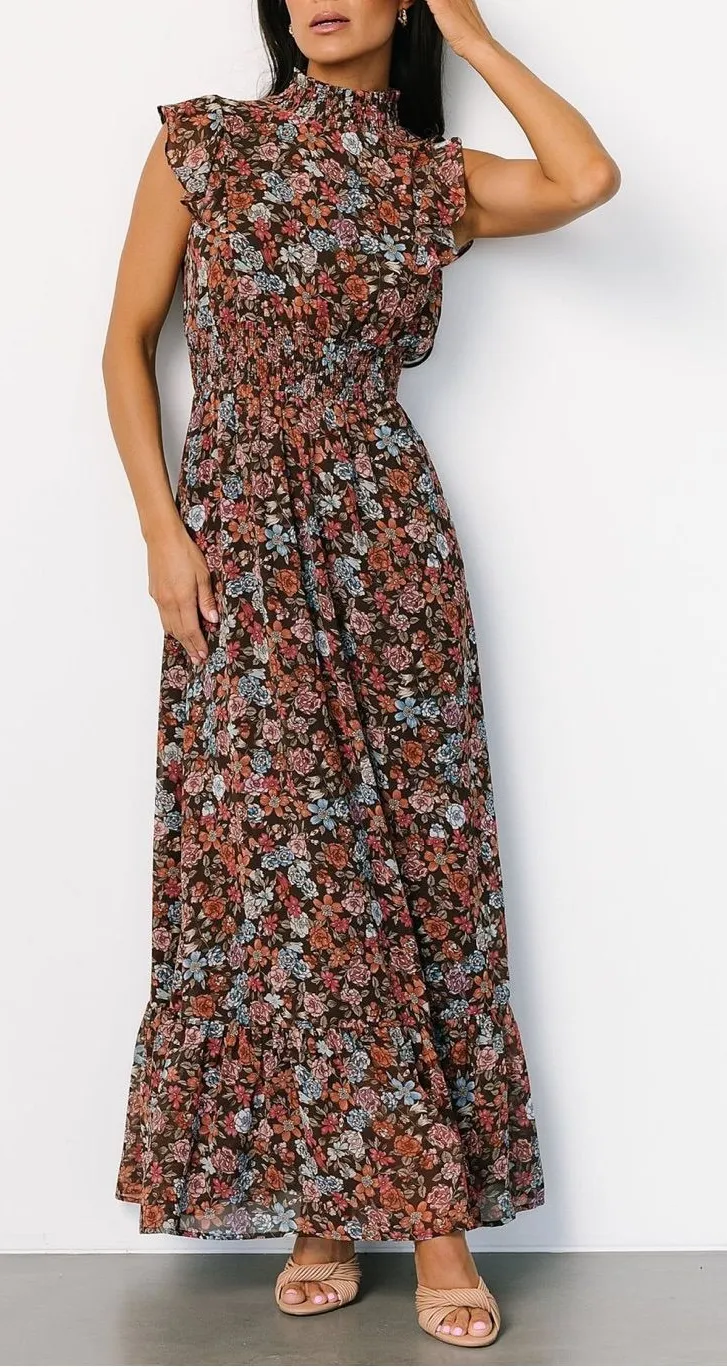 New Baltic Born Kearny Ruffle Maxi Dress size large in brown multi floral