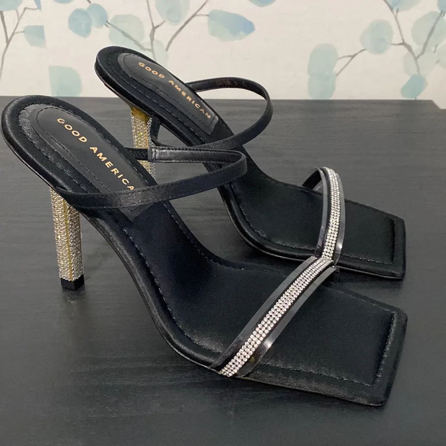Good American Black Satin Rhinestone Heel Square Toe Pumps Size 8.5