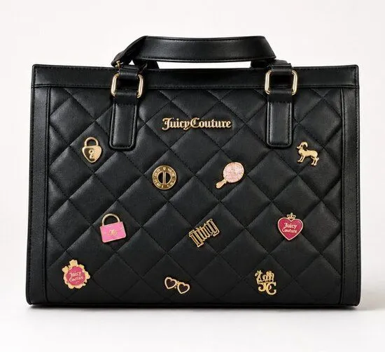Juicy Couture Black Quilted Charm Tote Bag NWT Gold Hardware Handbag Purse