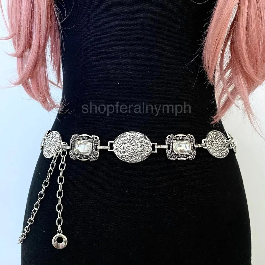 Silver Y2K Crystal Concho Medallion Chain Belt, Fits 24 to 46 Inches, X7GA1316
