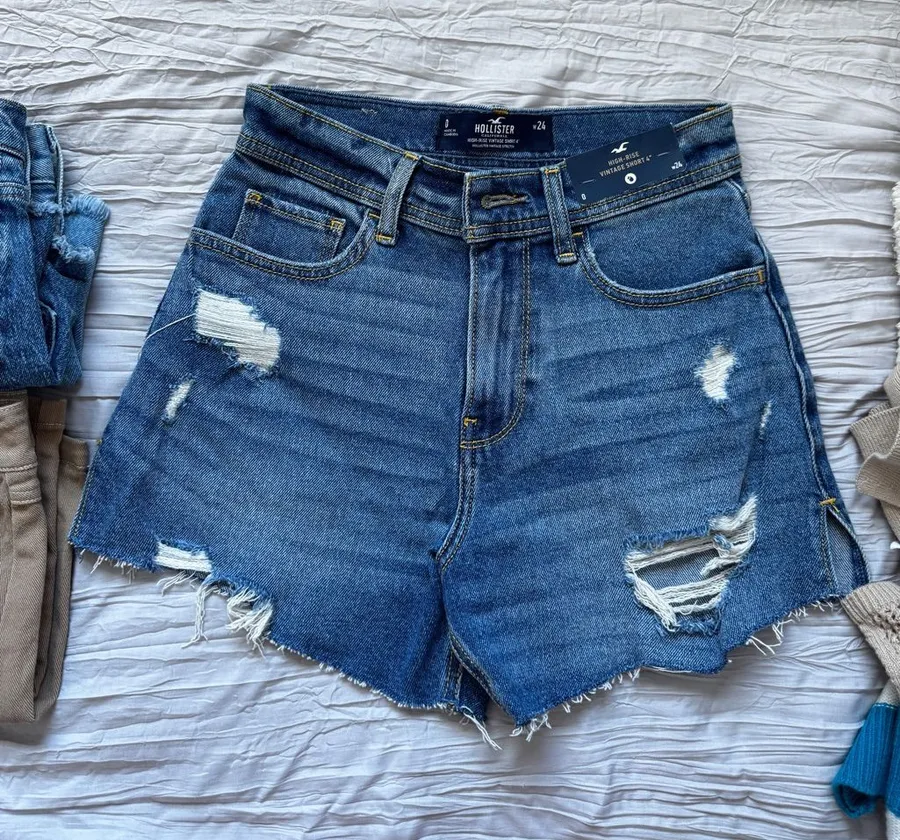 Hollister Distressed Medium Blue High-Rise Denim Shorts