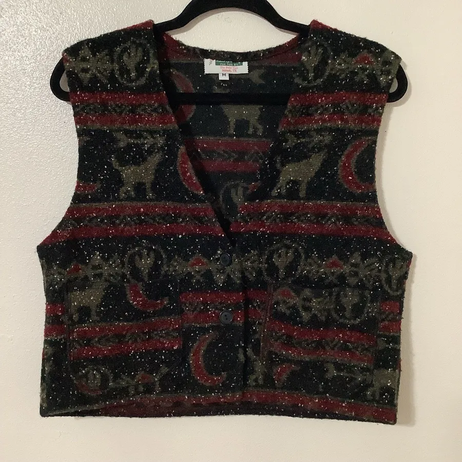 Vintage Retro Western Cowgirl Cowboy Southwestern Black Wolf Cropped Vest Medium