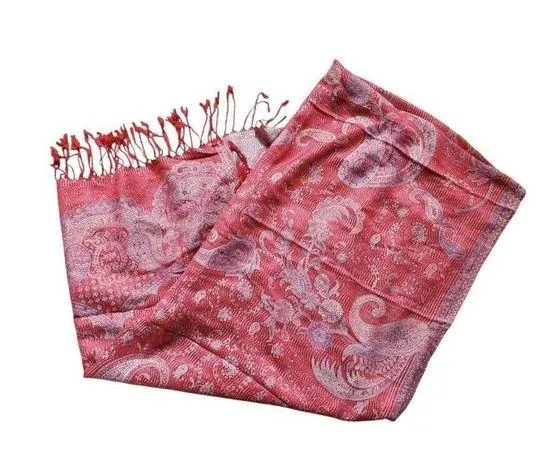 Pashmina(?) Silk Wool Paisley Scarf Wrap Shawl Rectangle Fringe Red Orange EUC