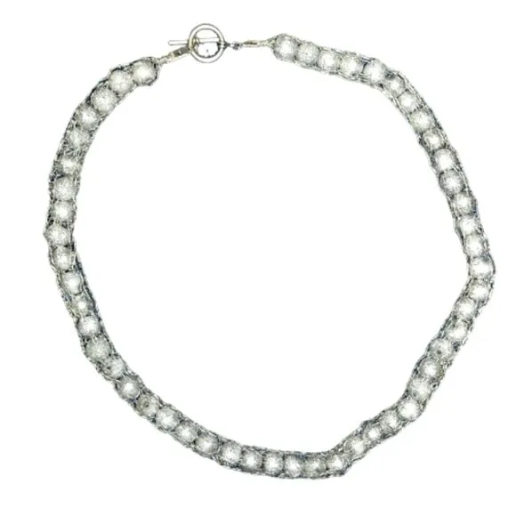Metal Mesh Silver Textured Threaded Bead Necklace