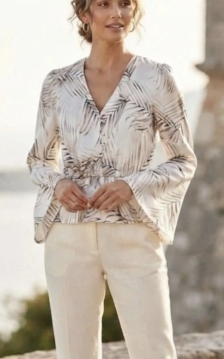 WHBM Satin Feel Peplum Blouse Palm Print Bell Sleeve Boho Coastal Ivory Size M
