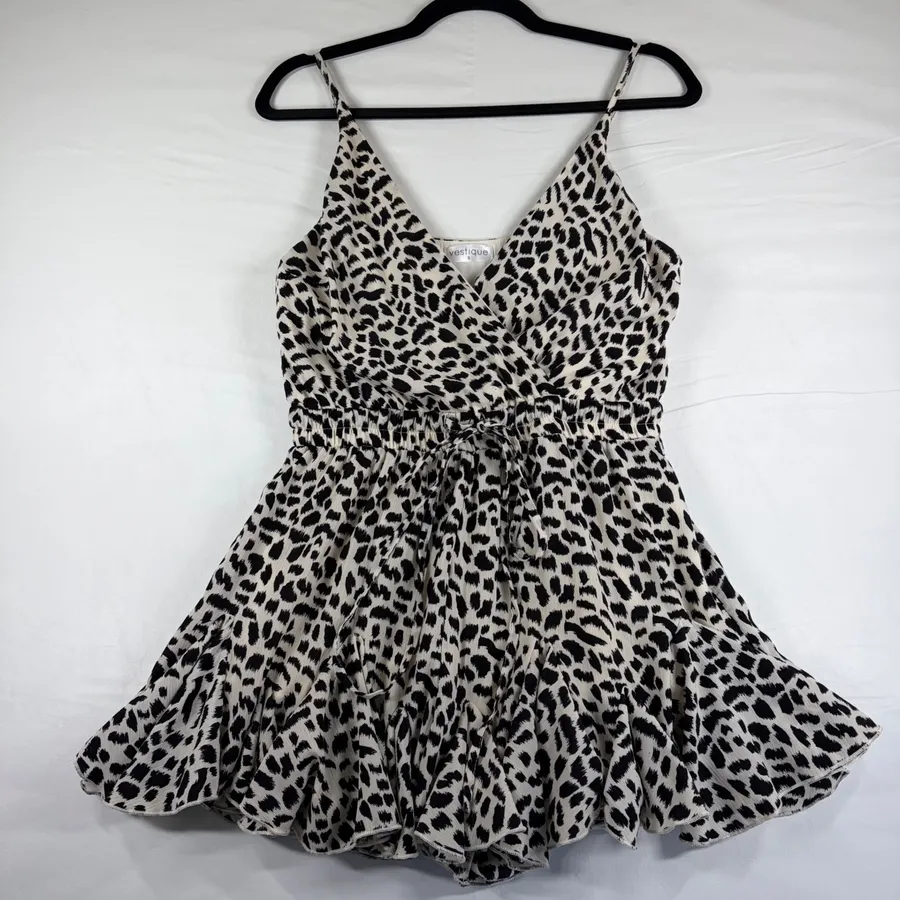 Vestique Womens Leopard Animal Print Romper Black White V-Neck Small Boho Chic
